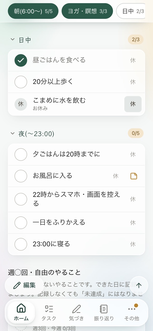 目次を押して「日中」のグループへ移動した画面。左下に編集ボタン、右下に一番上へ戻るボタンがある