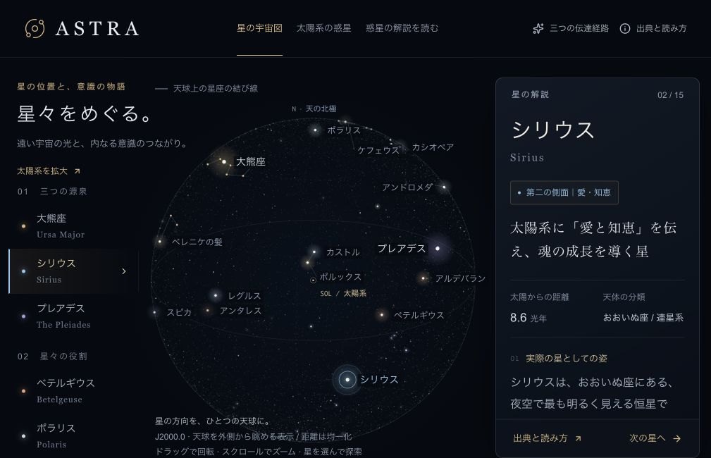 ASTRAの星々の配置とシリウスの解説画面